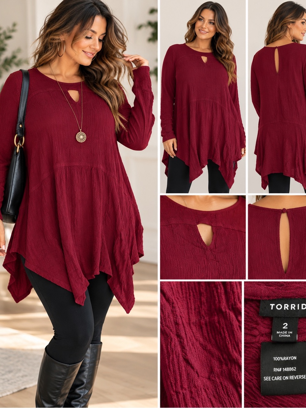 Torrid Size 2 2X Burgundy Crinkle Tunic Top Asymmetrical Hem Boho